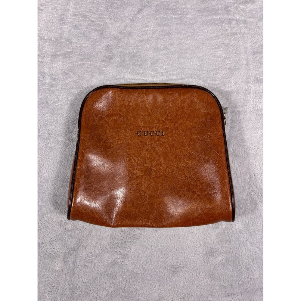 Vintage Gucci Brown Cosmetic Pouch Zip Makeup Travel Clutch Bag Case Womens